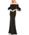 Mac Duggal Feather Trim Off The Shoulder Satin Trumpet Gown In Black