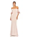 Mac Duggal Feather Trim Off The Shoulder Column Gown In Gold
