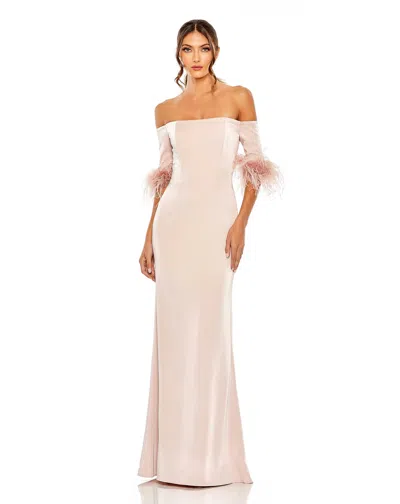 Mac Duggal Feather Trim Off The Shoulder Column Gown In Pink