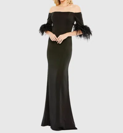 MAC DUGGAL FEATHER TRIM OFF THE SHOULDER COLUMN GOWN IN BLACK