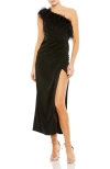 Mac Duggal Asymmetric Draped Evening Dress With Feather Detail In Black