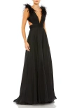 Mac Duggal Feather-trim Plunge A-line Gown In Black