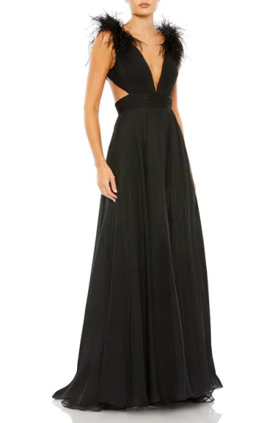 MAC DUGGAL MAC DUGGAL FEATHER-TRIM PLUNGE A-LINE GOWN