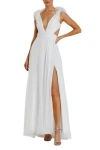 Mac Duggal Feather-trim Plunge A-line Gown In White
