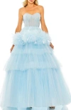 Mac Duggal Feather-trimmed Tulle Ballgown With Sweetheart Neck And Tiered Skirt In Ice Blue
