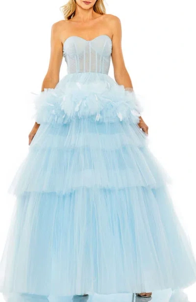 Mac Duggal Feather-trimmed Tulle Ballgown With Sweetheart Neck And Tiered Skirt In Ice Blue