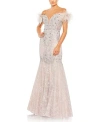 Mac Duggal Beaded Feather Trim Off The Shoulder Mermaid Gown In Lilac
