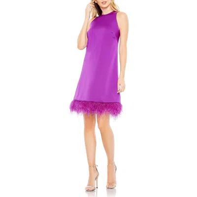 Mac Duggal Feathered Hem High Neck Sleeveless A Line Dress
