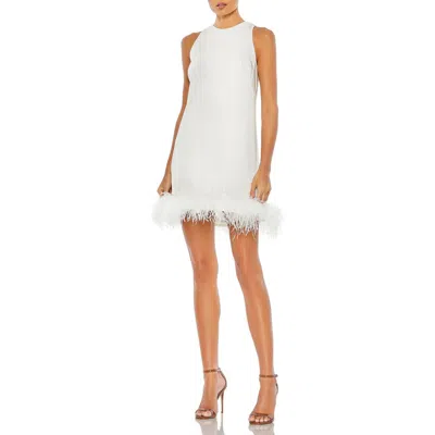Mac Duggal Feathered Hem High Neck Sleeveless A Line Dress In White
