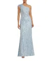 Mac Duggal Feathered One Shoulder Embroidered Applique Gown In Blue