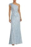 Mac Duggal Feathered One Shoulder Embroidered Applique Gown In Blue