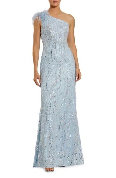 Mac Duggal Feathered One Shoulder Embroidered Applique Gown In Powder Blue