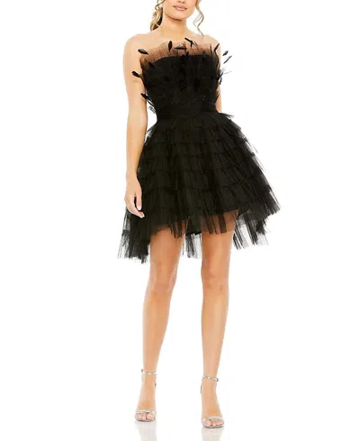 MAC DUGGAL FEATHERED STRAPLESS TULLE FIT AND FLARE DRESS