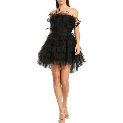 MAC DUGGAL MAC DUGGAL FEATHERED STRAPLESS TULLE FIT AND FLARE DRESS
