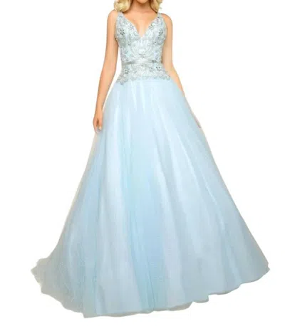 Mac Duggal Fit And Flare Ball Gown With Lace And Bead Applique In Aqua In Blue