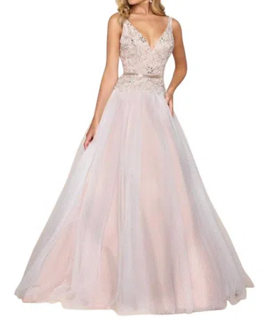Mac Duggal Fit And Flare Ball Gown With Lace And Bead Applique In Ivory/nude In Multi