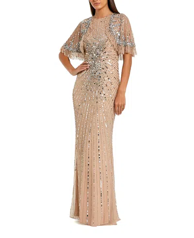Mac Duggal Fitted Beaded Mesh Gown With Capelet In Neutral