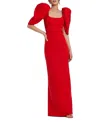 Mac Duggal Puff-sleeve Scoop-neck Column Crepe Maxi Dress In Red