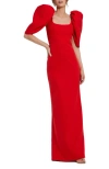 Mac Duggal Puff-sleeve Scoop-neck Column Crepe Maxi Dress In Red