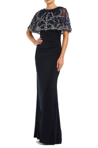 Mac Duggal Fitted Jersey Embellished Cape Gown In Black