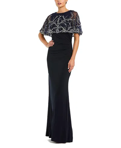 MAC DUGGAL FITTED JERSEY WITH EMBELLISHED CAPE GOWN