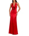 Mac Duggal Fitted Satin Sleeveless Halter Gown With 3d Flower In Red