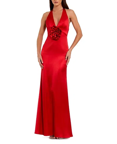 Mac Duggal Fitted Satin Sleeveless Halter Gown With 3d Flower In Red