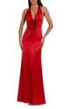 Mac Duggal Fitted Satin Sleeveless Halter Gown With 3d Flower In Red