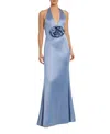 Mac Duggal Fitted Satin Sleeveless Halter Gown With 3d Flower In Slate Blue