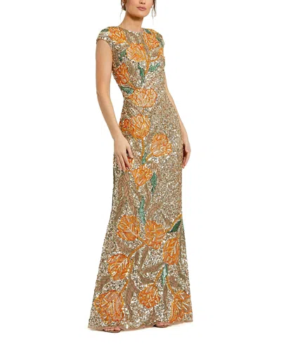 Mac Duggal Fitted Short Sleeve Gown With Floral Beading In Gold Multi