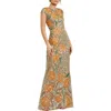 Mac Duggal Fitted Short Sleeve Gown With Floral Beading In Gold Multi