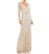Mac Duggal Beaded Geometric Silver Sparkle Dress In Nude In Brown