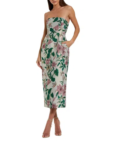 MAC DUGGAL FLORAL BROCADE STRAPLESS FITTED MIDI DRESS