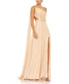 Mac Duggal Float One Shoulder Open Back Flowy Gown In Gold Nude