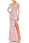 Mac Duggal Floor-length Sequin Gown Featuring Long Sleeves And Sheer Accents