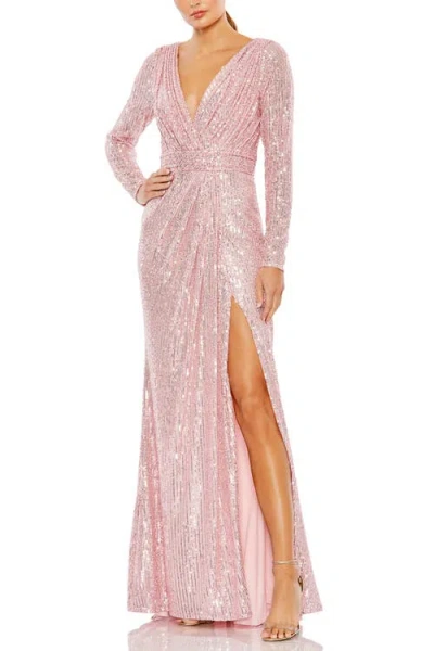 Mac Duggal Floor-length Sequin Gown Featuring Long Sleeves And Sheer Accents