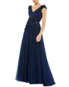 Mac Duggal Women's Floral Applique A-line Evening Gown In Blue
