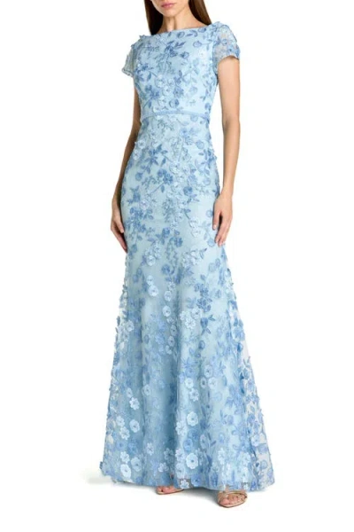 Mac Duggal Floral Applique Boar Neck Short Sleeve Gown In Blue