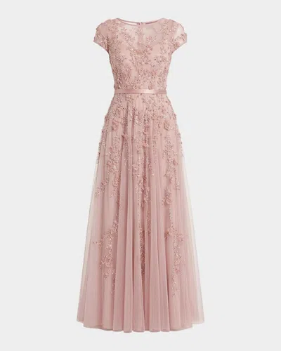 Mac Duggal Floral Applique Cap-sleeve A-line Gown In Pink