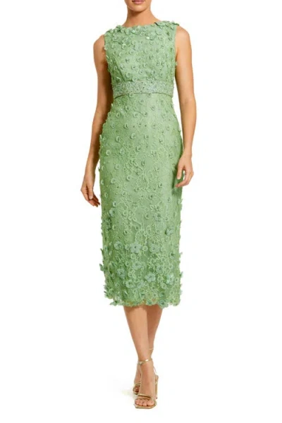 Mac Duggal Floral Appliqué Lace Sleeveless Midi Dress In Green