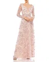 Mac Duggal Floral Applique Long Sleeve Illusion Gown In Pink