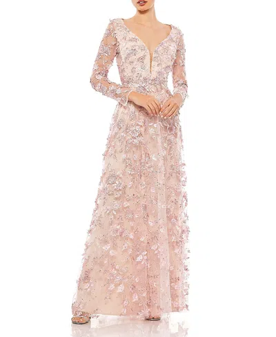 Mac Duggal Floral Applique Long Sleeve Illusion Gown In Pink