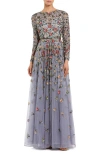 Mac Duggal Floral Appliqué Long Sleeve Illusion Gown In Grey Multi