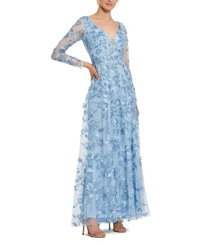 Mac Duggal Floral Applique Long Sleeve Illusion Gown In Powder Blue
