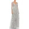 Mac Duggal Floral Applique Long Sleeve Illusion Gown In Platinum