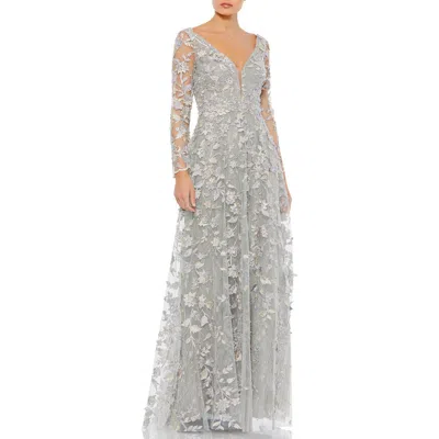 Mac Duggal Floral Applique Long Sleeve Illusion Gown In Platinum