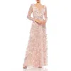 Mac Duggal Floral Applique Long Sleeve Illusion Gown In Rose Pink