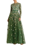Mac Duggal Embellished High Neck Long Sleeve A Line Gown In Sage
