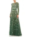Mac Duggal Embellished High Neck Long Sleeve A Line Gown In Sage