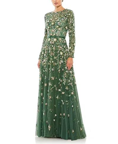 MAC DUGGAL EMBELLISHED HIGH NECK LONG SLEEVE A LINE GOWN